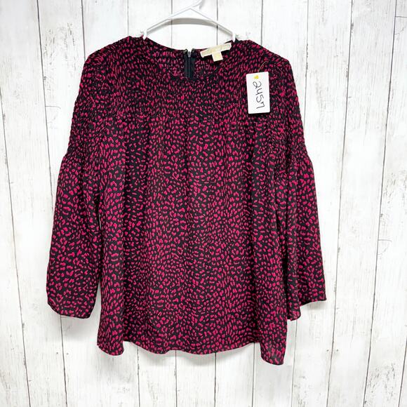 Michael Kors Top Women Sz Small Leopard Purple Print Long Sleeve Smocked Blouse - Picture 1 of 8